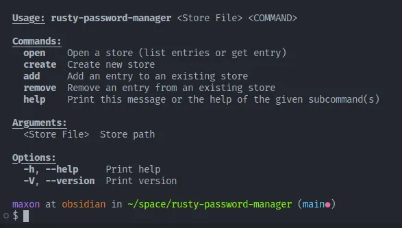 Terminal output showing the help view from the Clap library