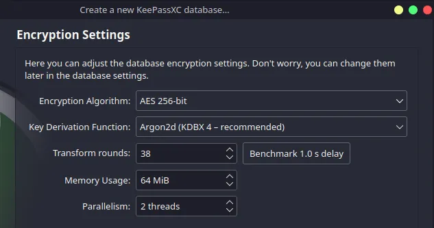 KeepassXC encryption options